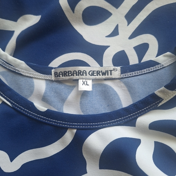 Barbara Gerwit Resort Wear Stretch Top Blue White Swirl 3/4 Long Sleeve Shirt - Picture 3 of 7